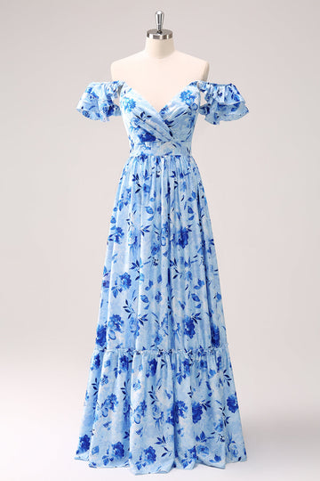 Blue Floral A Line Off The Shoulder Maxi Dress